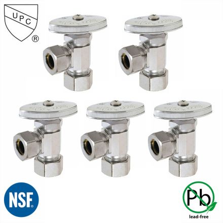 Thrifco Plumbing 9405464 5/8 Inch Comp x 1/2 Inch Slip Joint Multi Turn Brass Angle Stop Valve (Lead Free) - 5/Pack